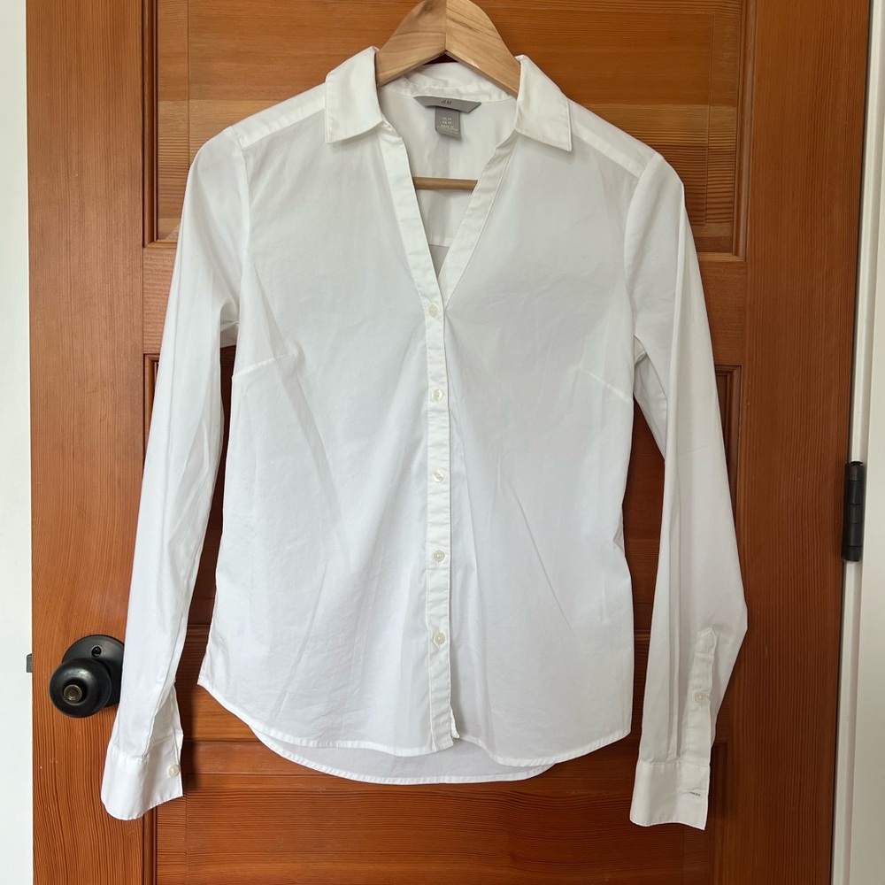 H&M Crisp White V-Neck Dress Shirt